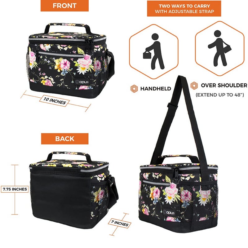 opux Insulated Lunch Box Men Women, Lunch Bag for Work School, Leakproof Soft Cooler Tote Adult, Large Lunch Pail Kids Boys Girls, Picnic Beach Food Bag with Shoulder Strap, Black Floral - Image 3